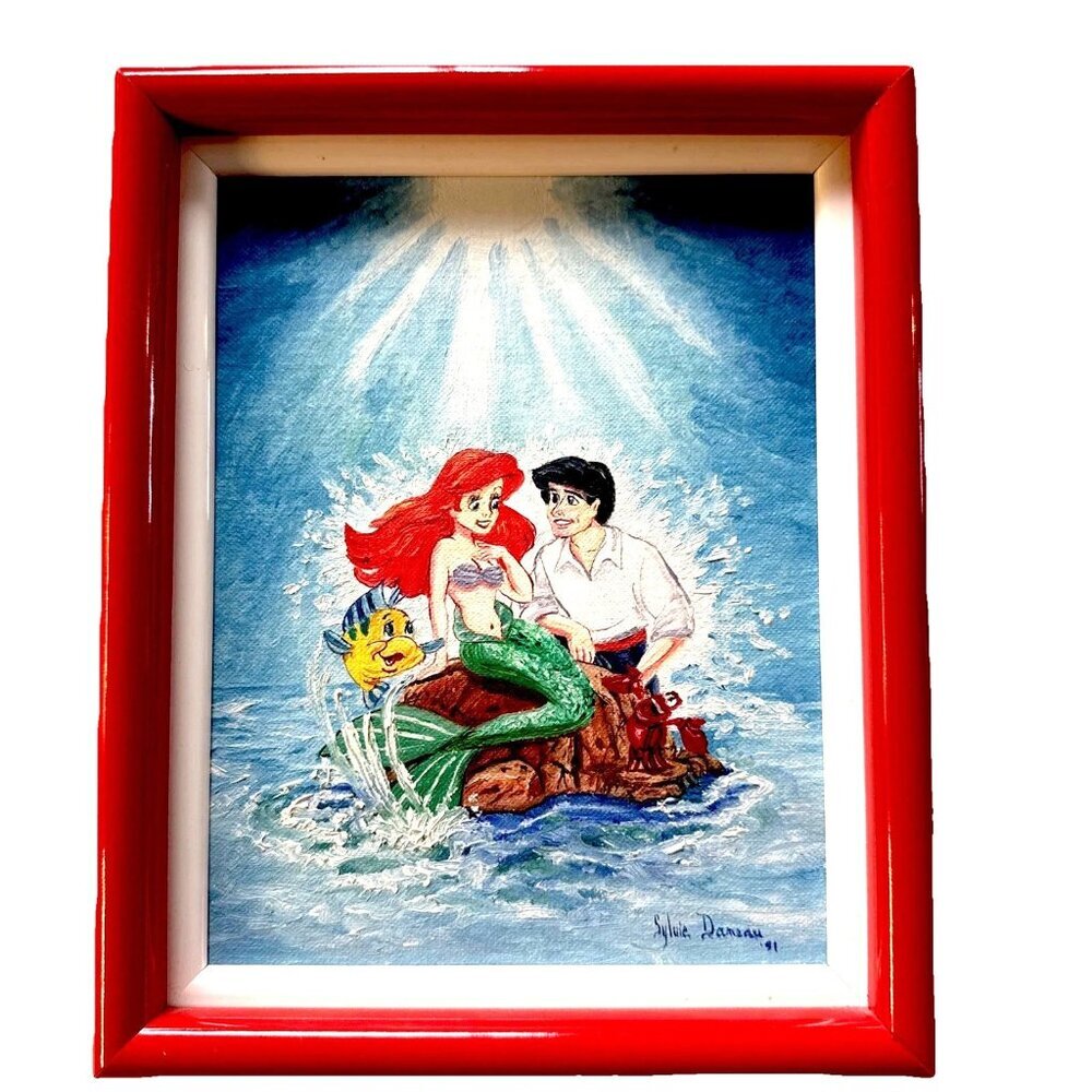 Vtg Acrylic Canvas Board Red Frame Disney Ariel Little Mermaid by Silvie Danseau
